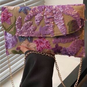 New Beaded Floral Sequin Clutch Crossbody | Purple Pink Gold Chain
